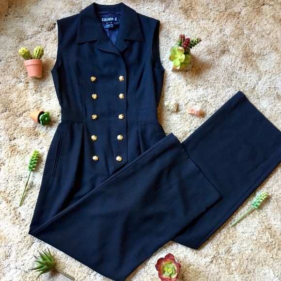 {Vintage Escada} Gold Button Dressy Black Jumpsuit - Picture 6 of 8